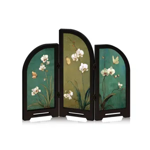 Mini folding screen detail, oriental orchid art design for desktop home decor placement.