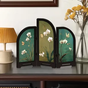 Mini Chinese style folding screen desk decor with elegant orchid and butterfly art patterns.