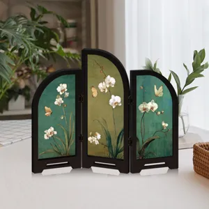Chinese style mini acrylic folding screen desktop decoration with orchid and butterfly art.