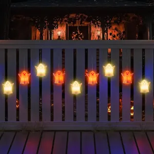 Halloween hanging LED ghost lights detail view showing glowing ghost string for party decor.