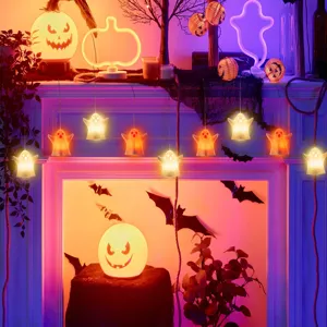 Halloween hanging LED ghost string lights, glowing party decoration lights and pumpkin props.