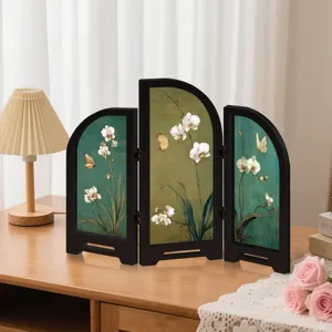 Mini Chinese style folding screen desk decor with elegant floral and butterfly art panels.