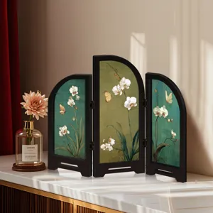 Mini Chinese style acrylic folding screen desktop decoration with elegant floral art.