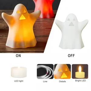Close-up details of the Halloween ghost LED light showing ON and OFF states and components.