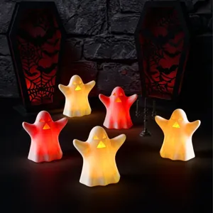 Halloween LED glowing ghost night light set, spooky party indoor desktop decorative lamps details.