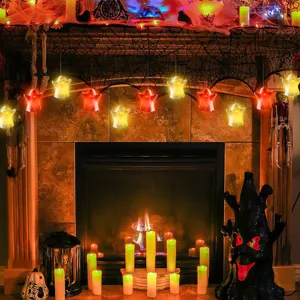 Halloween hanging LED ghost string lights scene, glowing spooky party decoration props.