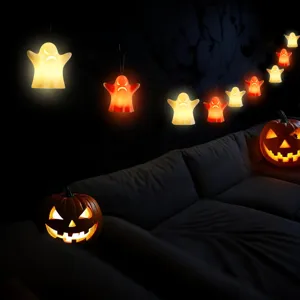 Halloween hanging LED ghost string lights, glowing party decorative props for holiday indoor decor.