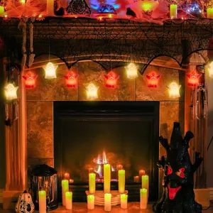 Halloween hanging LED ghost lights, glowing holiday party decor ornaments for fireplace setup.