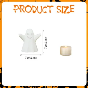 Halloween ghost LED light decoration size chart, white ghost figurine 7x7cm with tea candle.