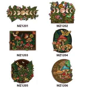 Bohemian wooden wall art set with moon phase and mushroom designs for home decoration
