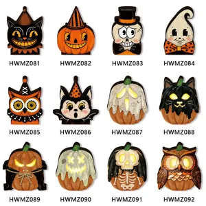 Details of vintage Halloween wooden light-up ornaments, retro desktop decor, multi styles.