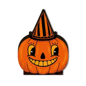 Vintage wooden Halloween pumpkin ornament with striped party hat for festive home decor.