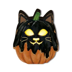Halloween wooden luminous ornament detail showing clear glow design for interior decor items.