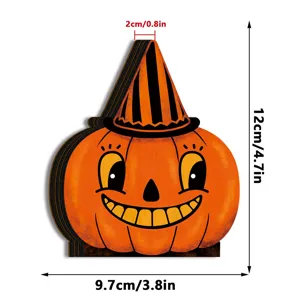 Halloween wooden pumpkin glowing ornament with witch hat retro desktop decoration 12cm