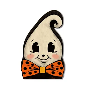Vintage Halloween wooden ghost tabletop decor featuring cute retro style with orange bow tie.