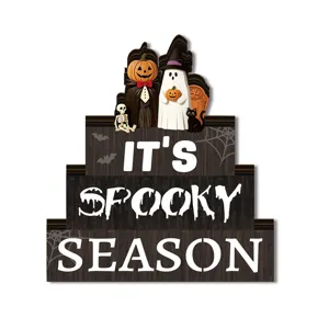 Halloween wooden desktop decoration, layered pumpkin ghost sign for holiday party table decor.