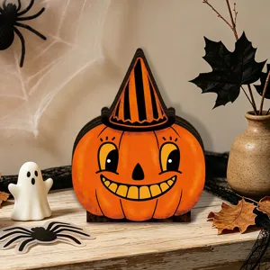 Vintage Halloween wooden pumpkin glowing tabletop ornament festive party home decor spooky