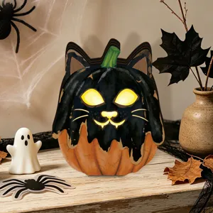 Halloween wooden light-up pumpkin cat ornament detail, vintage tabletop decor for festival.