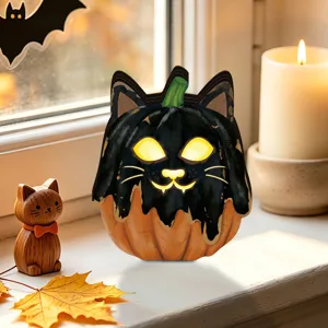 Halloween wooden glowing pumpkin cat ornament tabletop vintage home holiday decor detail shot