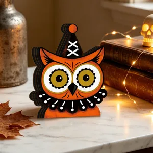 Halloween wooden owl ornament, vintage table decor with layered design for indoor holiday party.