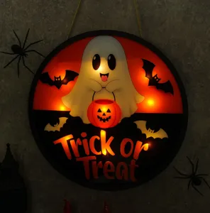 Targa sospesa LED Halloween con design fantasma zucca pipistrello per decorazione murale.