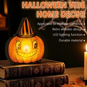 Close-up view of the vintage wooden pumpkin light with warm LED glow for Halloween decor.