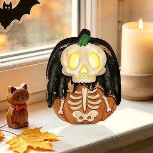 Halloween wooden light-up decoration detail view, spooky pumpkin skeleton desk decor prop.