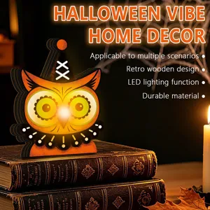 Detailed view of Halloween wooden owl LED night light ornament, vintage desktop decor.