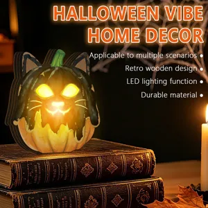 Halloween wooden luminous pumpkin cat ornament retro desktop home festival decor LED lighting.