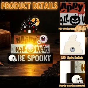 Halloween wooden tabletop decoration with LED lights, glowing spooky ghost and pumpkin design.