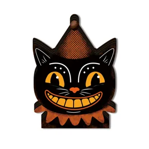 Close-up detail of retro Halloween black cat glowing ornament, vintage festival desktop decor.