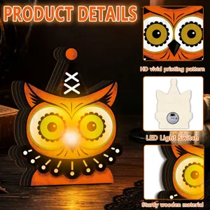 Halloween wooden owl night light ornament with LED switch and vivid printing patterns details.