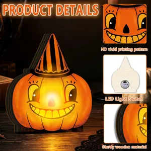 Vintage Halloween wooden glowing pumpkin ornament with LED light, perfect for holiday home decor.