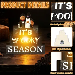 Halloween tiered wooden decoration with LED light, spooky season sign, farmhouse holiday decor.