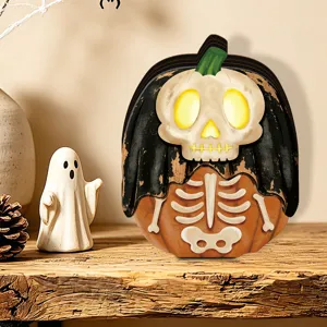 Halloween wooden light-up pumpkin skeleton ornament retro style desktop home decor prop.