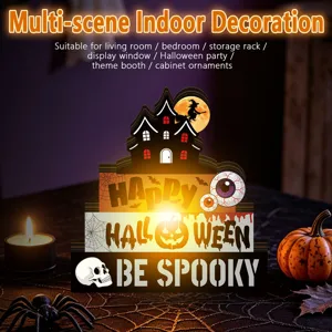 Halloween Wooden Lighted Tabletop Decoration Multi-layer Glowing Festival Ornament LED