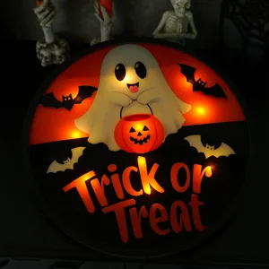 Targa sospesa LED di Halloween con fantasma e zucca, decorazione murale luminosa.