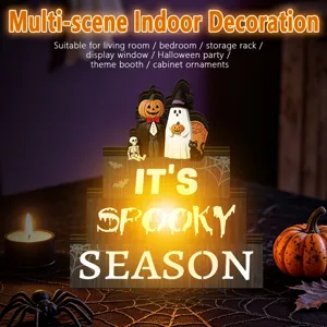 Halloween wooden light-up tiered tray decor detail shot, spooky holiday atmosphere props.