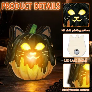 Halloween wooden glowing pumpkin cat ornament with LED light and HD printing pattern.