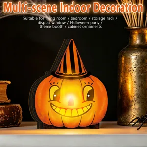 Retro wooden Halloween pumpkin light-up ornament for festive indoor desktop home decor.