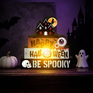 Halloween wooden tiered tray tabletop decoration lighted spooky sign for home party decor