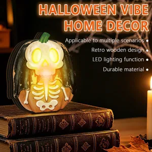 Halloween wooden LED glowing pumpkin skull decoration for vintage holiday home decor and party props.