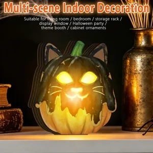 Halloween wooden light up pumpkin cat ornament retro glowing desktop home party decoration