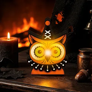 Halloween Wooden Luminous Owl Ornament Retro Tabletop Decor Festival Party Light Up Prop