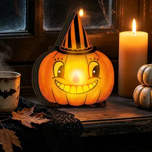 Vintage Halloween wooden light-up pumpkin decor with striped witch hat tabletop decoration