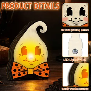 Close up details of the vintage wooden ghost Halloween light featuring HD printing and LED switch.