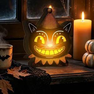 Halloween wooden glowing cat table ornament retro style desktop home holiday decoration