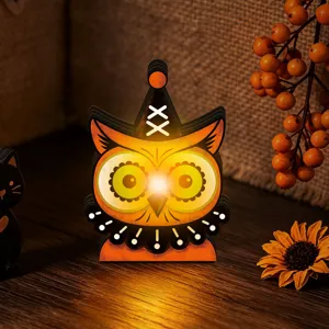 Halloween wooden owl glowing decoration vintage tabletop ornament for festival home decor