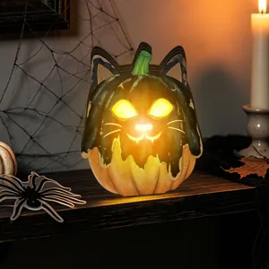 Halloween wooden glowing pumpkin cat ornament retro LED tabletop holiday home decor light