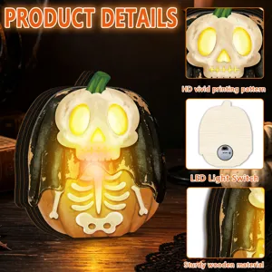 Halloween wooden pumpkin skull light detail view showing HD printing and LED switch.